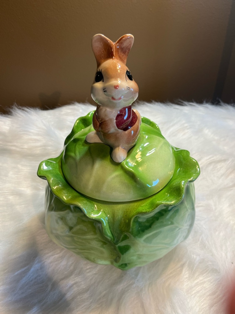 Vintage Merlot Poppytrail  Bunny Rabbit on Cabbage Ceramic Cookie Jar